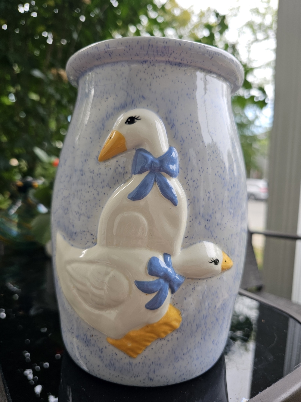 Vintage 1980s Country Geese Blue Spongeware Ceramic Countertop Crock